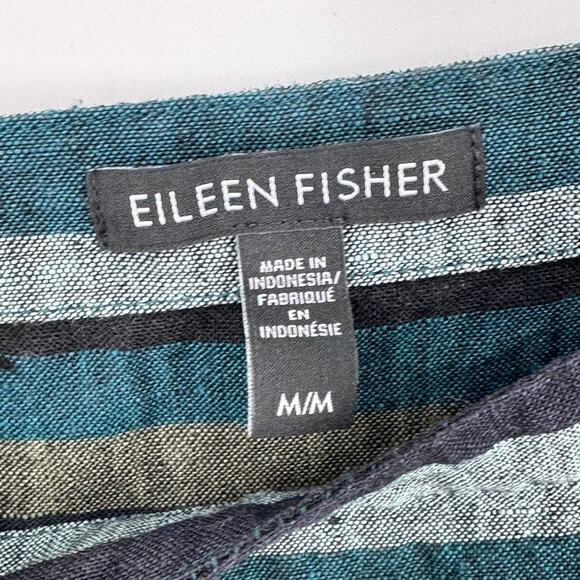 Eileen Fisher Linen Top Medium Striped Blue Gray Green - Picture 5 of 6